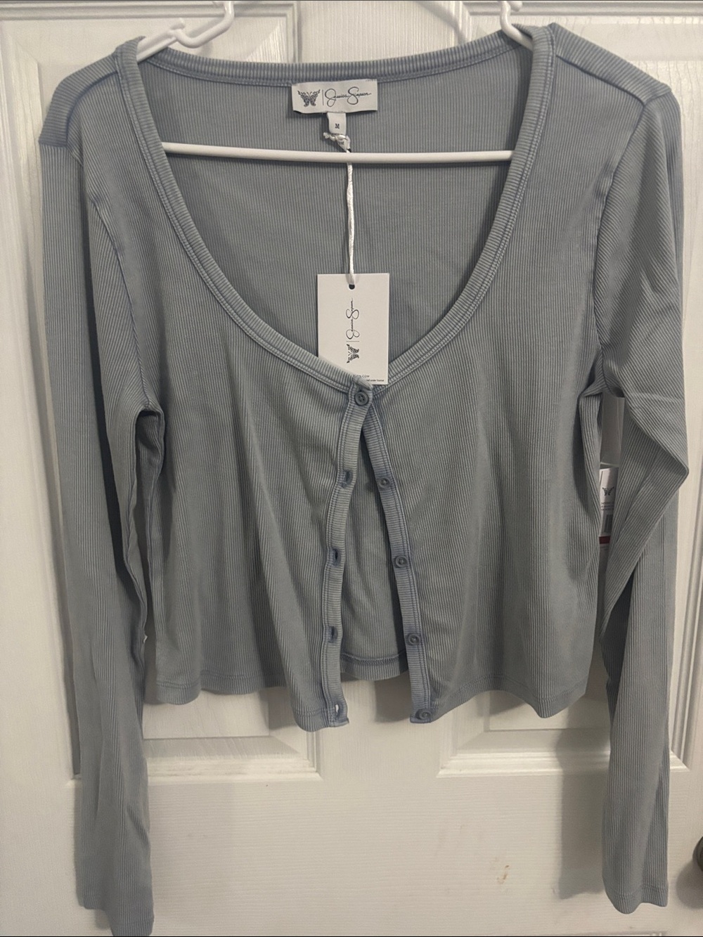 NWT Jessica Simpson Soft Blue/gray Ribbed Button-Front Crop Top